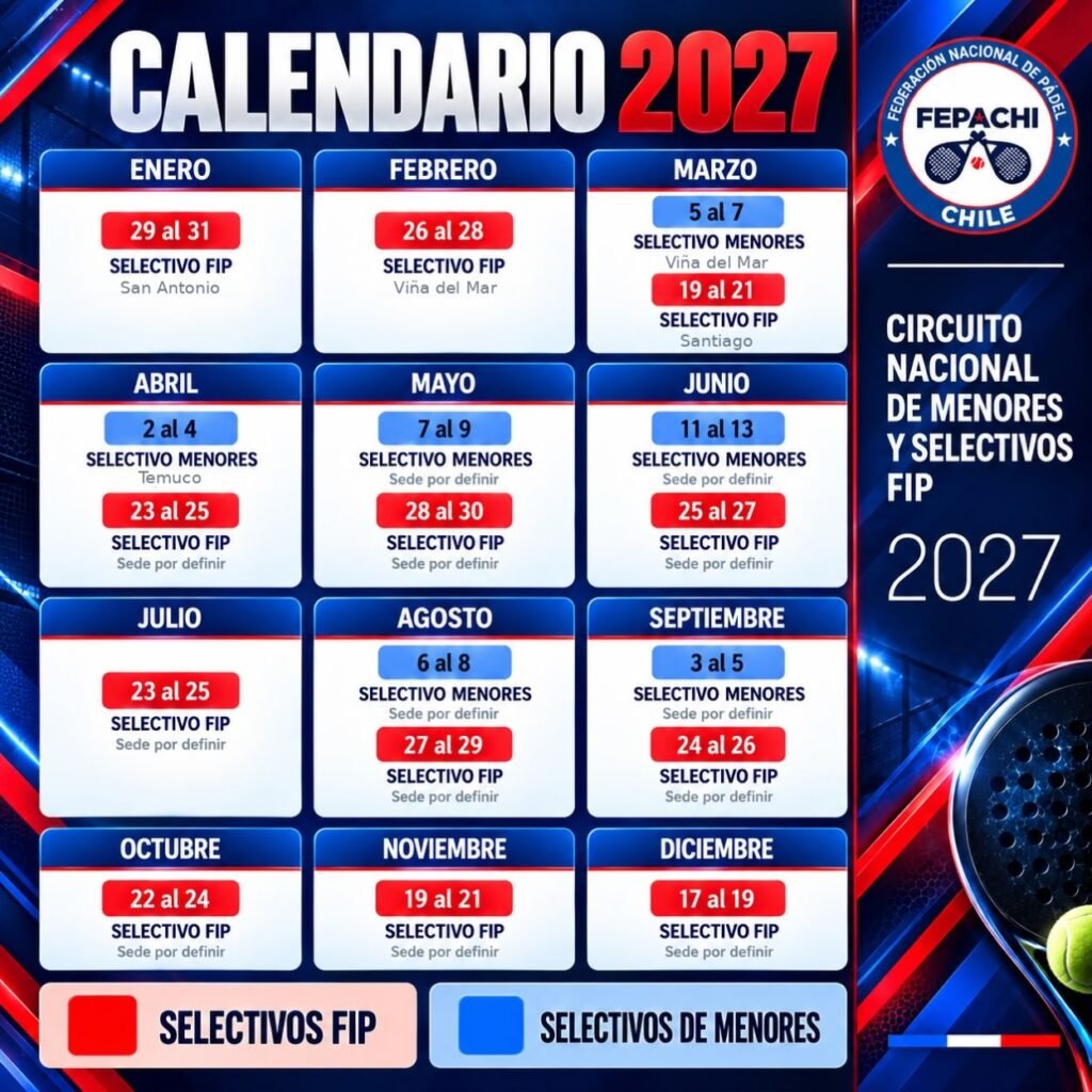 Calendario 2027 del Circuito Fepachi by Shell, pádel en Chile